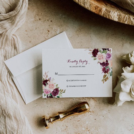 Green Blush Burgundy Bloral Rsvp Card