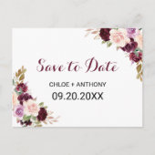 Green Blush Burgundy Bloral Save the Date Card Postkarte (Vorderseite)