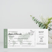 Green Boarding Pass Hochzeit RSVP Gehäuse Karte (Stehend Vorderseite)