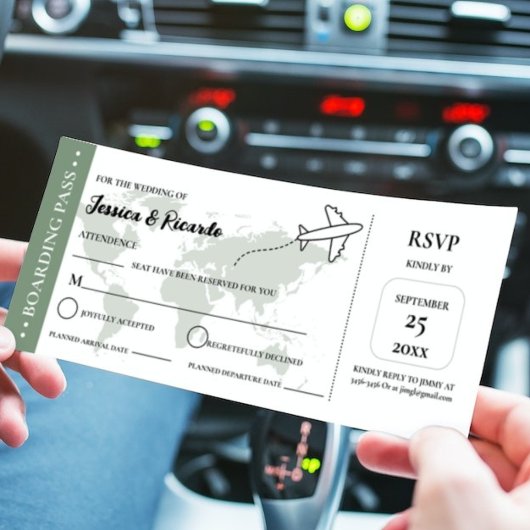 Green Boarding Pass Hochzeit RSVP Gehäuse Karte