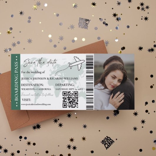 Green Boarding Pass Hochzeit speichern Sie das Dat Einladung