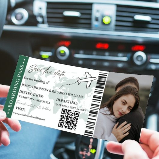 Green Boarding Pass Hochzeit speichern Sie das Dat Einladung