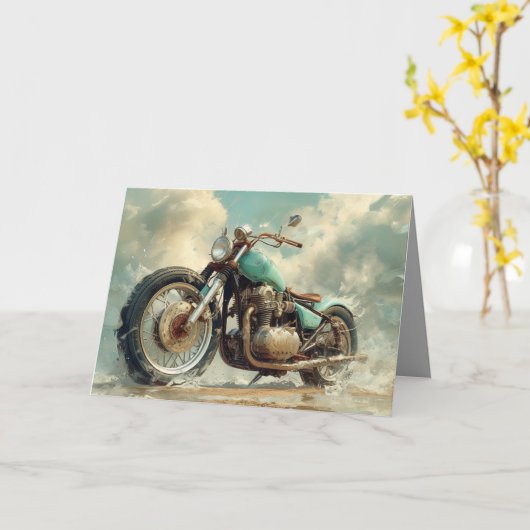 Green Bobber Motorrad Card - Beach Background Karte (Gelbe Blume)