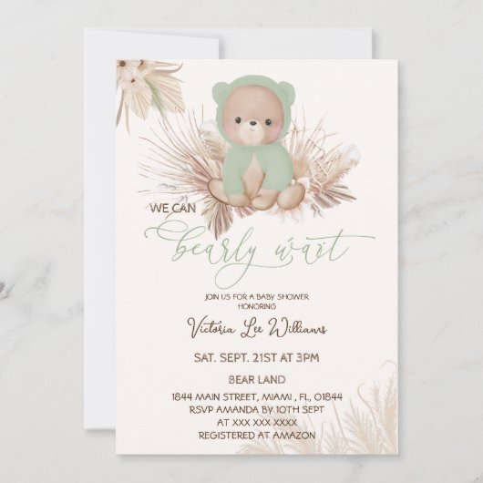 Green Boho Bearly Wait Baby Dusche Einladung (Vorderseite)