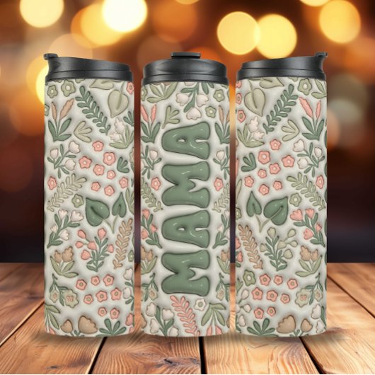 Green Boho Blume 3d Inflated Mama Thermosbecher