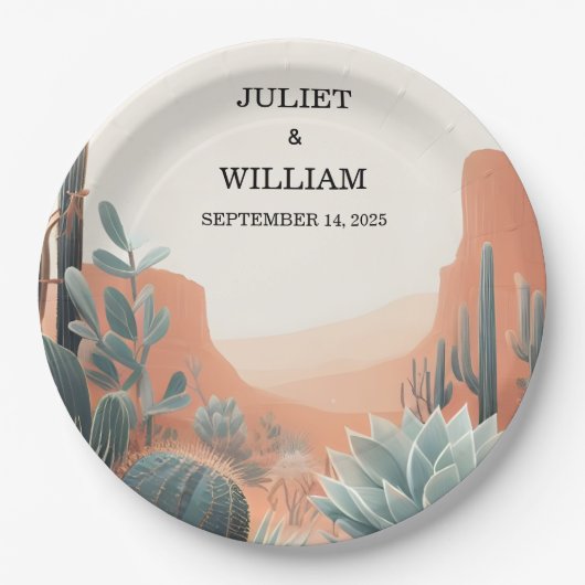 Green Boho Leaf Wüste Cacti Sukkulente Hochzeit Pappteller (Vorderseite)