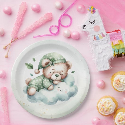 Green Boho Schlafteddy Bear Niedlich Babydusche Pappteller (Party)