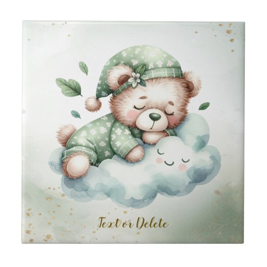 Green Boho Sleeping Teddy Bär Niedlich Fliese (Vorderseite)