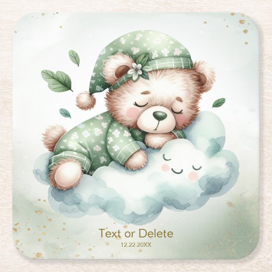 Green Boho Sleeping Teddy Bear Niedliches Party Rechteckiger Pappuntersetzer (Vorderseite)
