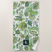 Green Boho Vintag Floral Monogram Strandtuch (Vorderseite)