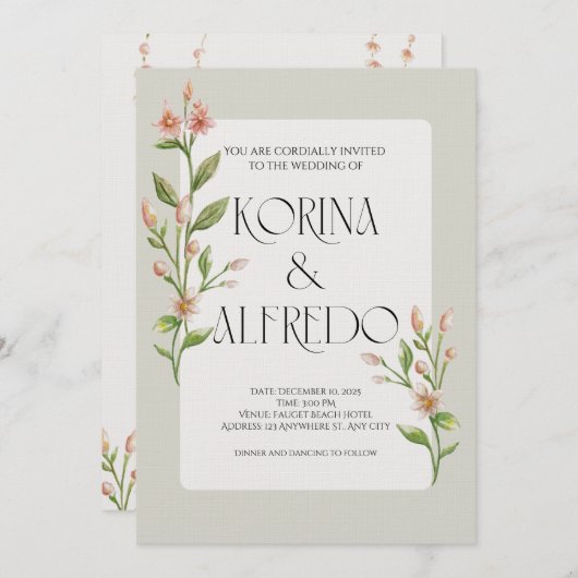 Green Boho Watercolor Botanical Wedding Invitation Einladung (Vorne/Hinten)