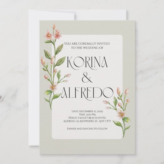 Green Boho Watercolor Botanical Wedding Invitation Einladung (Vorderseite)