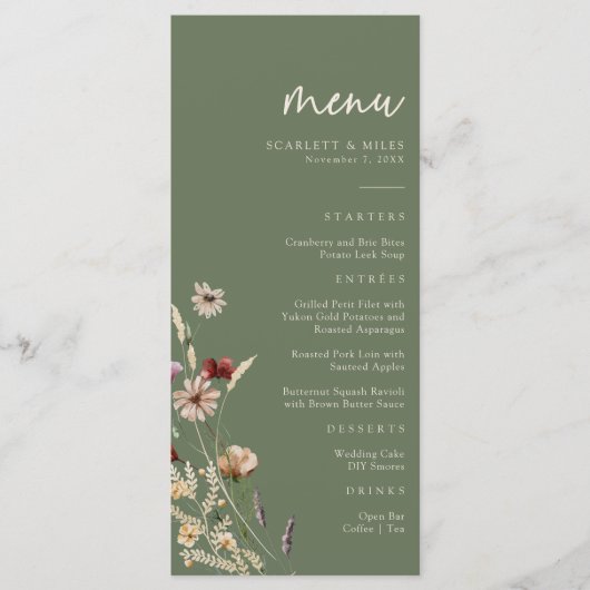 Green Boho Wedding Menu Menükarte (Vorderseite)