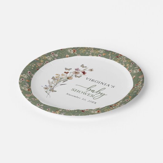 Green Boho Wildblume Babydusche Pappteller (Schrägansicht)