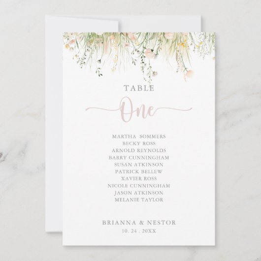 Green Boho Wildblume Tischnummer 1 Sitzplan (Vorderseite)