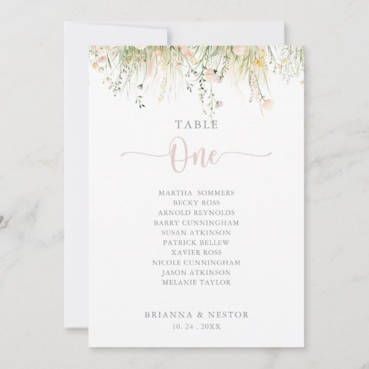 Green Boho Wildblume Tischnummer 1 Sitzplan (Rückseite)