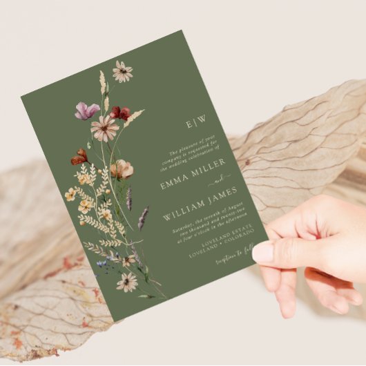 Green Boho Wildblumen Hochzeit Einladung