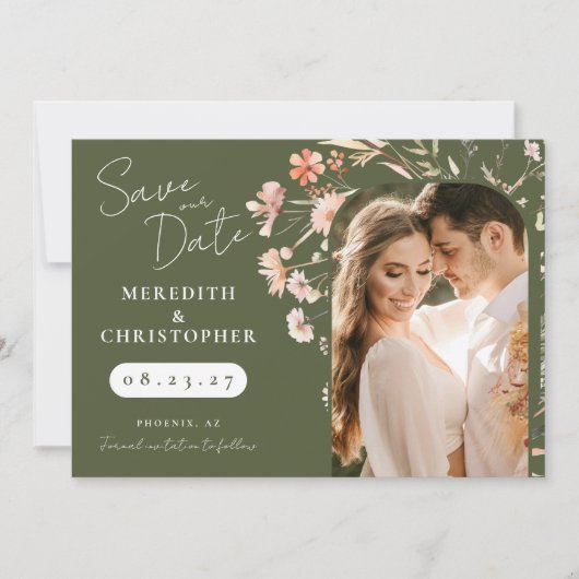 Green Boho Wildblumen Wedding Foto Save The Date (Vorderseite)