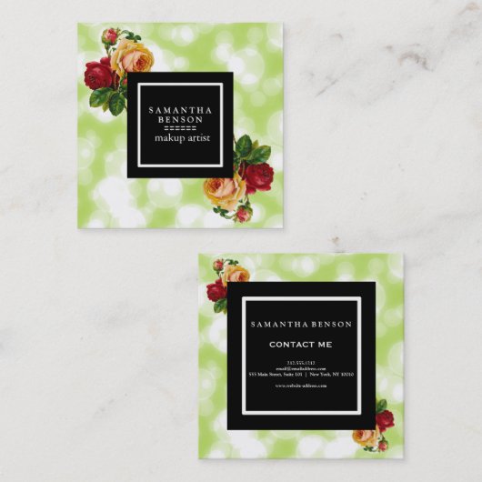 Green Bokeh Glitzer Glitzern Blumengestalterkünstl Quadratische Visitenkarte (Vorne/Hinten)