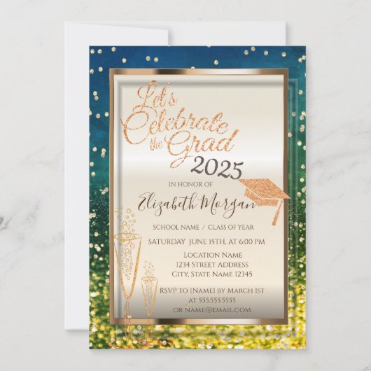 Green Bokeh, Glitzer Grad Cap, Glass Abschluss Einladung (Vorderseite)