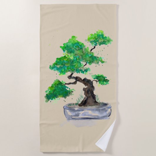 Green Bonsai Watercolor Beige Strandtuch (Vorderseite)