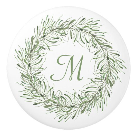 Green Botanic Leaf Wreath Monogram Keramikknauf (Vorderseite)