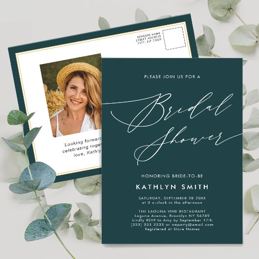 Green Botanical Elegant Script-Brautparty Einladungspostkarte