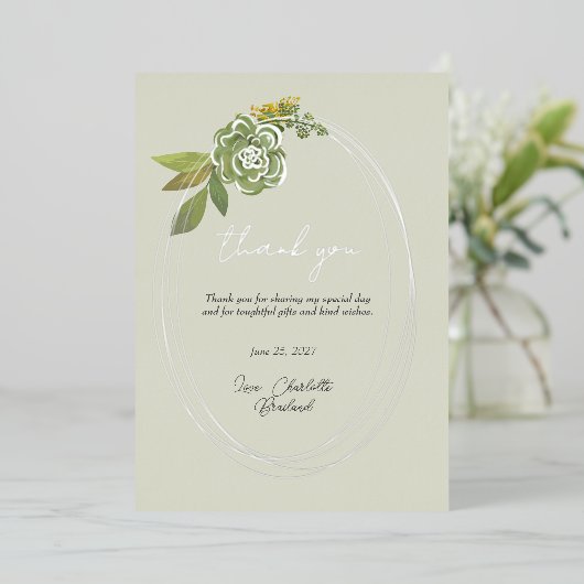 Green Botanical Modern Floral Vielen Dank Folieneinladung (Stehend vorne)