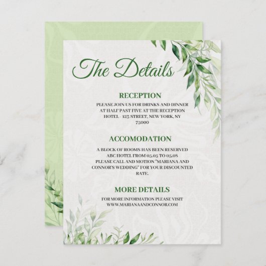 Green Botanical Wedding Detail-Karte Begleitkarte (Vorne/Hinten)