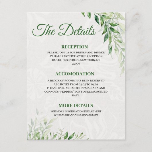 Green Botanical Wedding Detail-Karte Begleitkarte (Vorderseite)