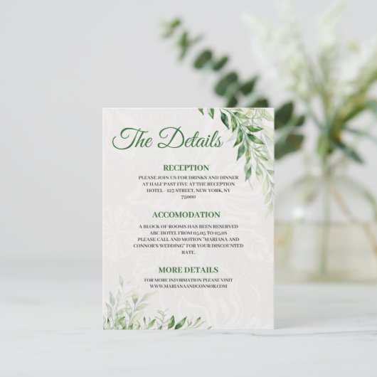 Green Botanical Wedding Detail-Karte Begleitkarte (Stehend Vorderseite)