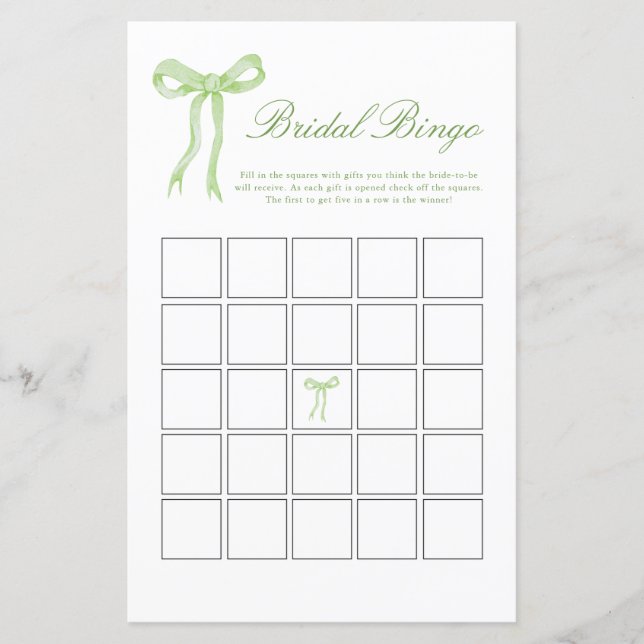 Green Bow Bridal Bingo Brautparty Game (Vorderseite)