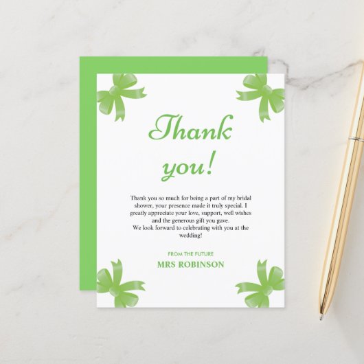 Green Bow Bridal Shower Thank You Card (Vorderseite/Rückseite Beispiel)