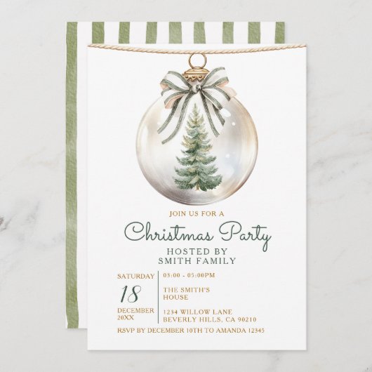 Green Bow Christmas Party Ornament Holiday Floral Einladung (Vorne/Hinten)
