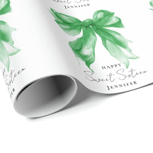 Green Bow Coquette Script Sweet 16 Party Geschenkpapier (Rolleneckpunkt)