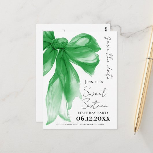 Green Bow Coquette Sweet 16 Save the Date  Postkarte (Vorderseite/Rückseite Beispiel)