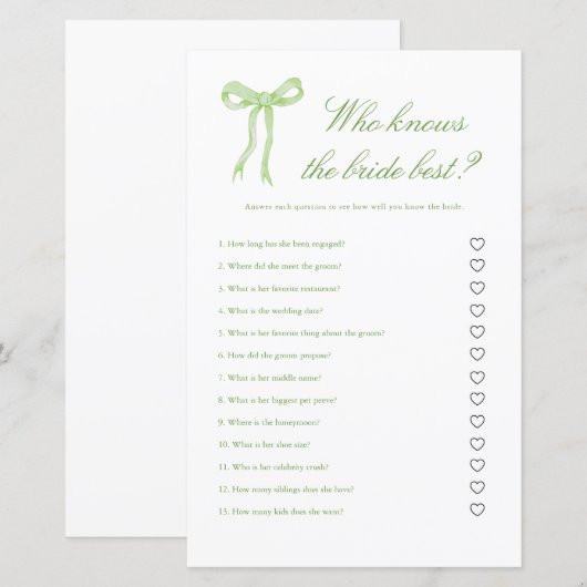 Green Bow, der das Bride Best Bridal Game kennt (Vorne/Hinten)