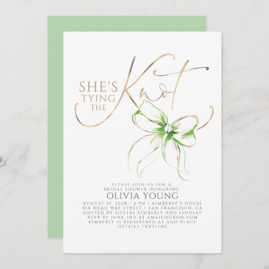 Green Bow Elegant Modern Minimalist Bridal Shower Einladung (Vorne/Hinten)