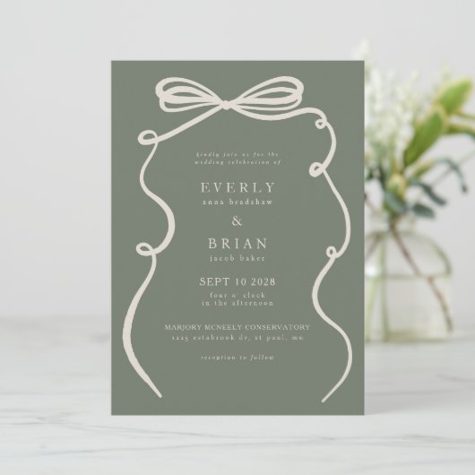 Green Bow Frame Wedding Einladung (Stehend Vorderseite)