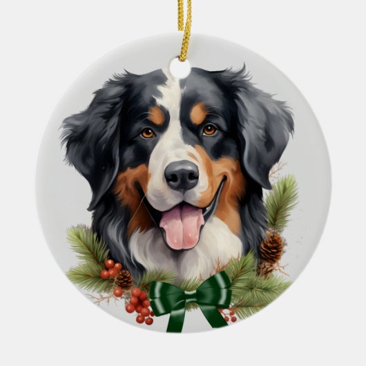 Green Bow Holly Wreath Bernese Mountain Dog Keramik Ornament (Vorne)