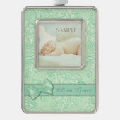 Green Bow Pastel Baby First Christmas Rahmen-Ornament Silber (Vorderseite)