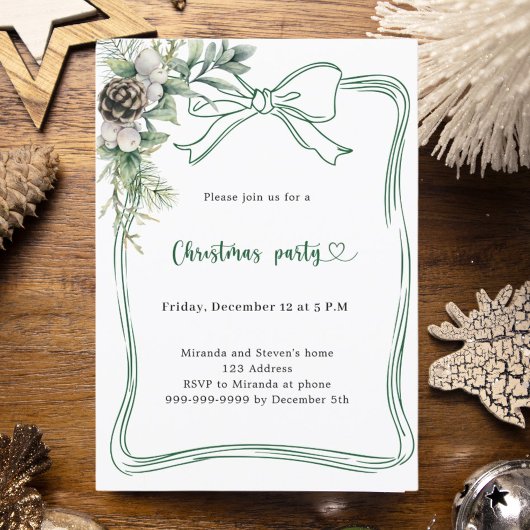 Green bow pine greenery Christmas Party Einladung