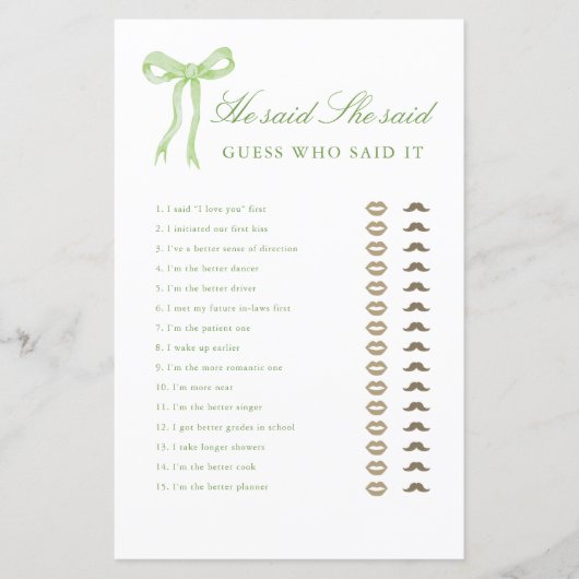 Green Bow sagte er sagte, sie sagte Brautparty Gam (Vorderseite)