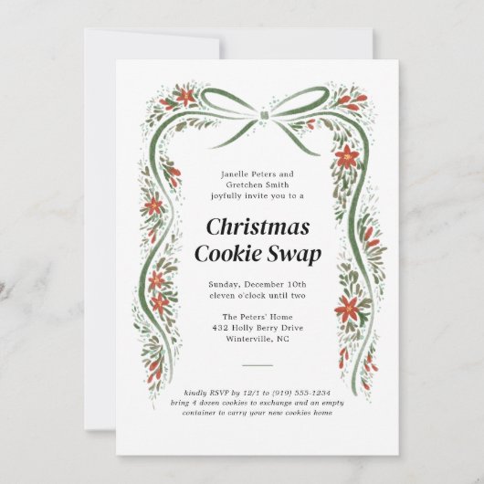 Green Bow und Poinsettias Weihnachtsfeiertag Einladung (Vorderseite)