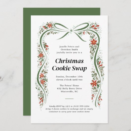 Green Bow und Poinsettias Weihnachtsfeiertag Einladung (Vorne/Hinten)