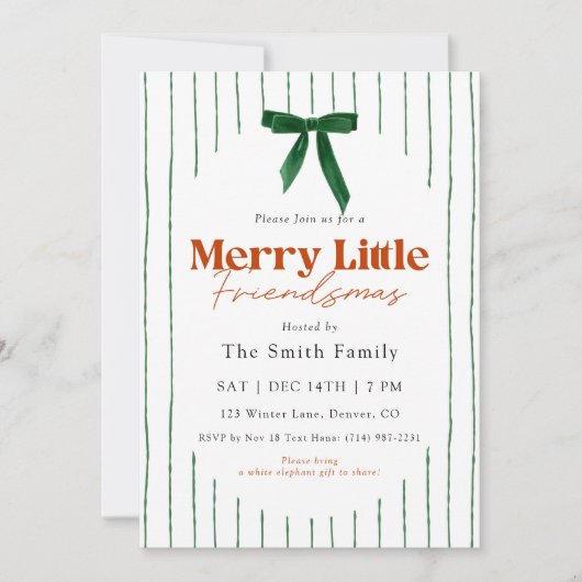 Green Bow Watercolor Merry Little Friendsmas Einladung (Vorderseite)