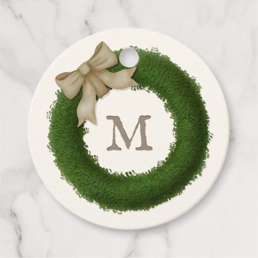Green Boxwood Wreath Hübsche Mit Monogramm Custom Geschenkanhänger (Vorderseite)