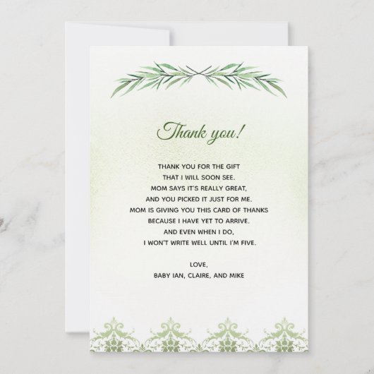 Green Branch Baby Dusche Danke Karte (Vorderseite)