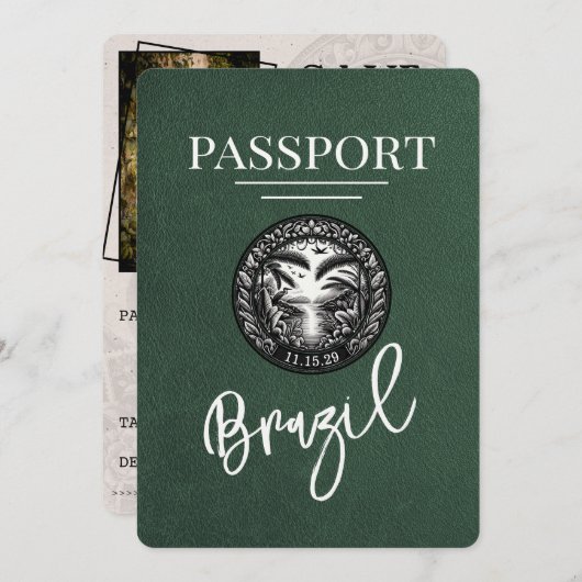 Green Brasilien Passport Save the Date (Vorne/Hinten)