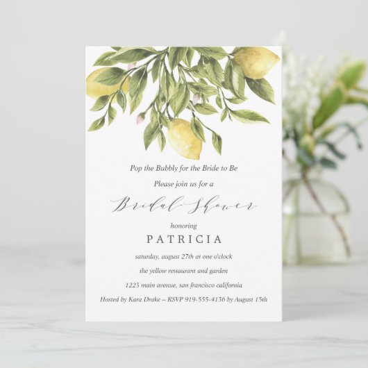 Green | Brautparty zur Hochzeit von Zitronen und F Einladung (Stehend Vorderseite)